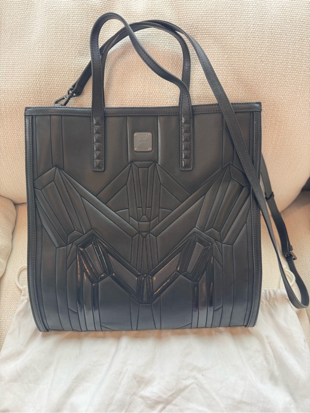 MCM Black Quilted Geometric Tote with Removable Strap